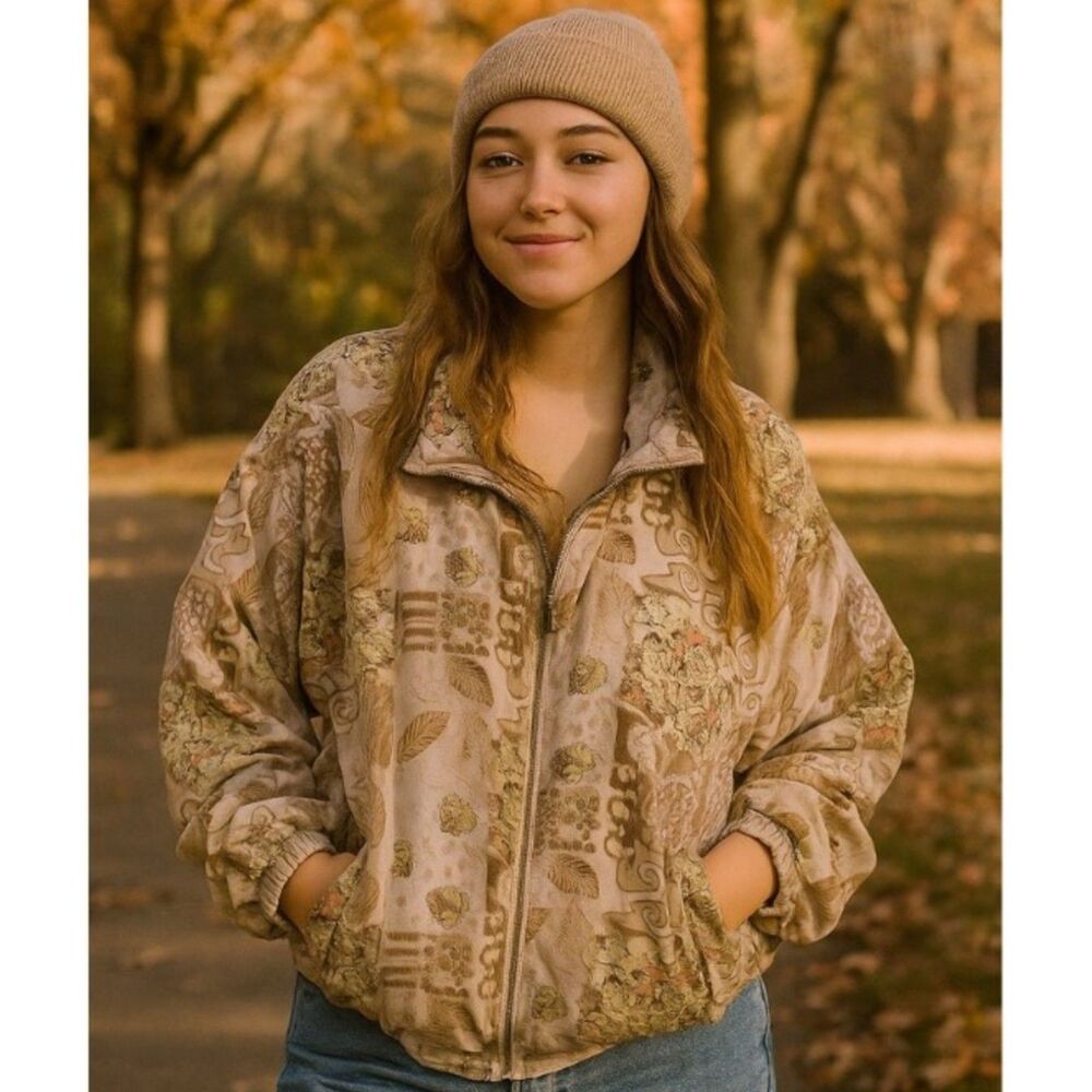 EVR Rousso Silk Bomber Jacket Womens Size XL VTG 90s Patchwork Windbreaker